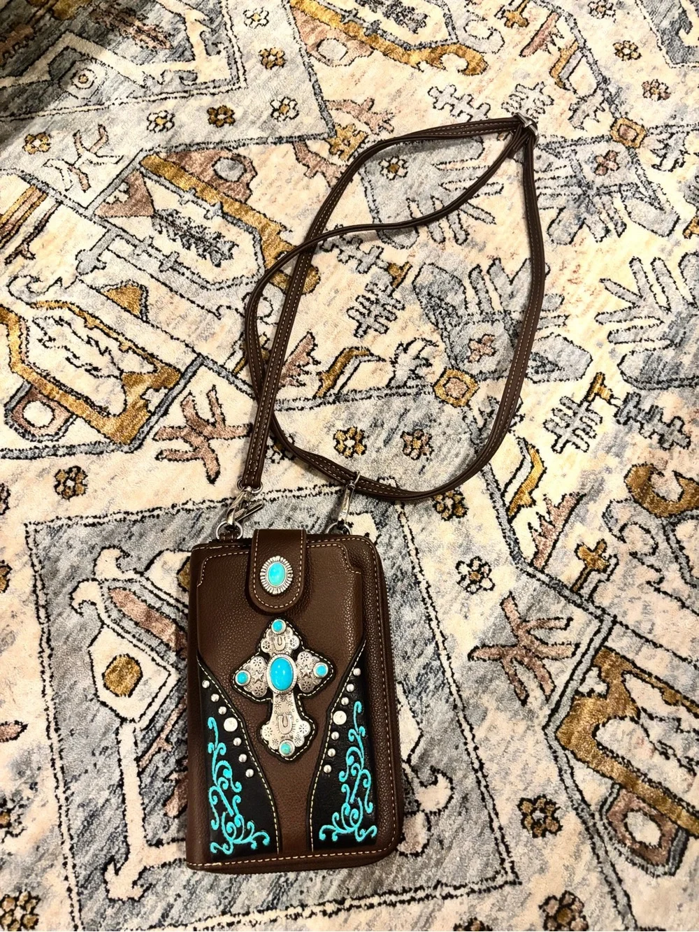 Montana West Crossbody Purse Brown With Cross & Turquoise Stone New  Wallet